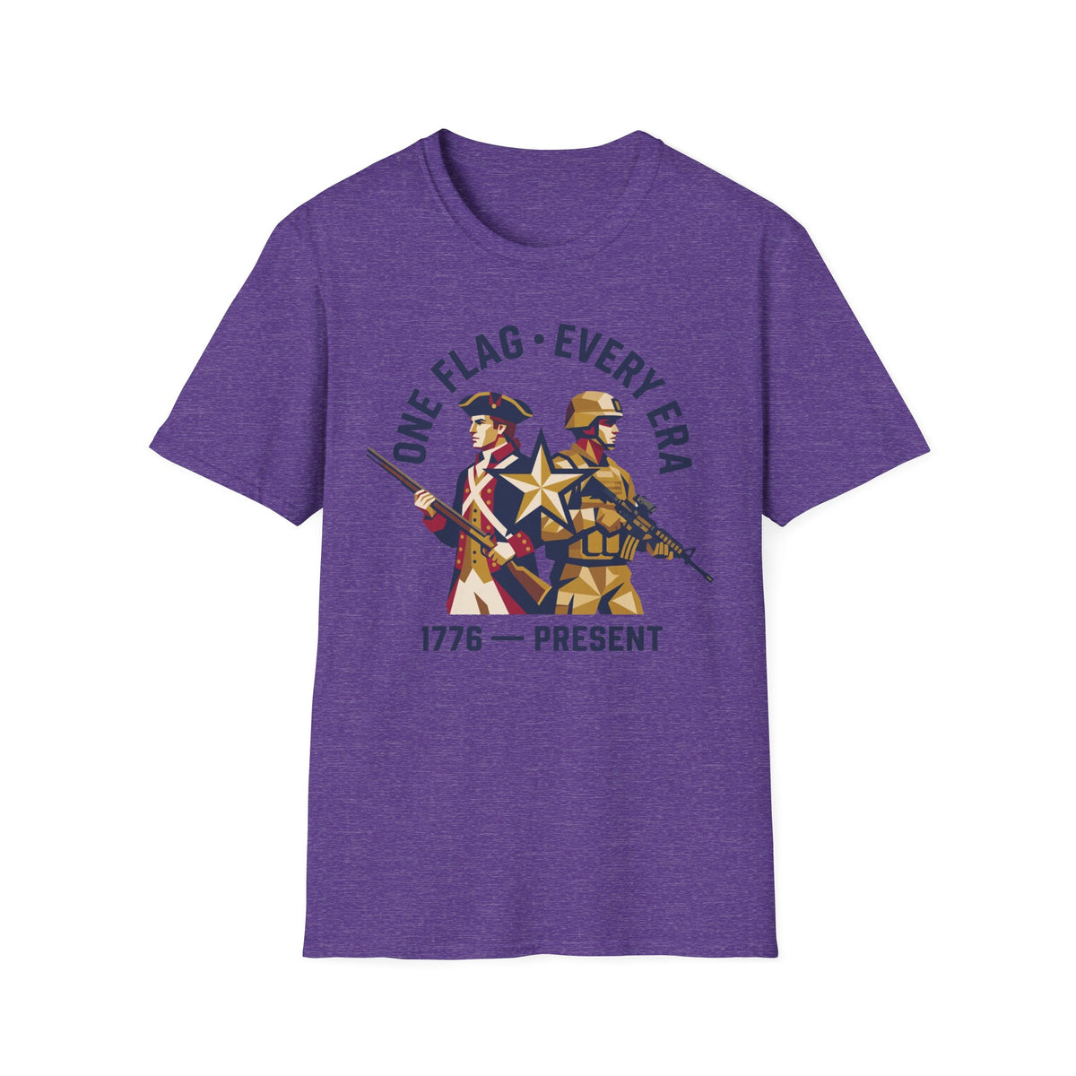 Purple military graphic t-shirt with soldier and '1776–present' emblem