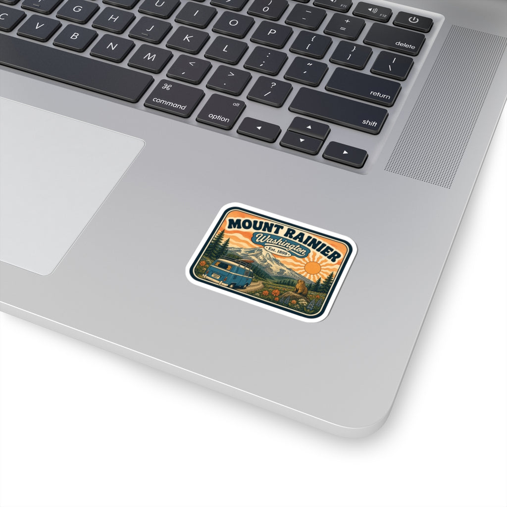 Mount Rainier National Park sticker, square vintage landscape with pine trees and bold title