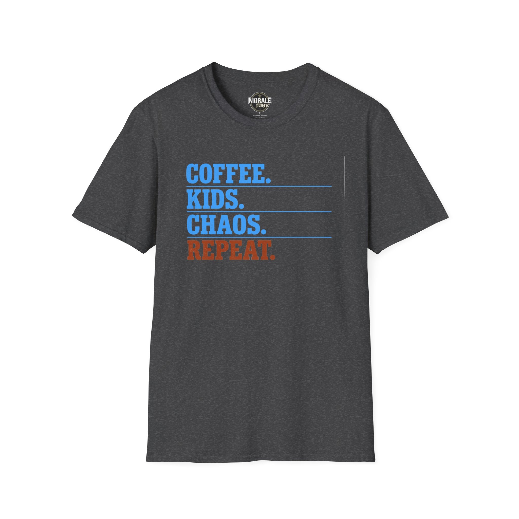Coffee Kids Chaos Repeat T-Shirt (dark heather) with blue and orange stacked lettering