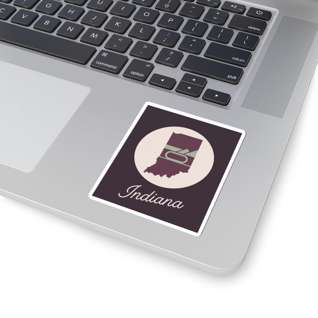 Square Indiana vinyl decal with white border: state silhouette in white circle and “Indiana” script