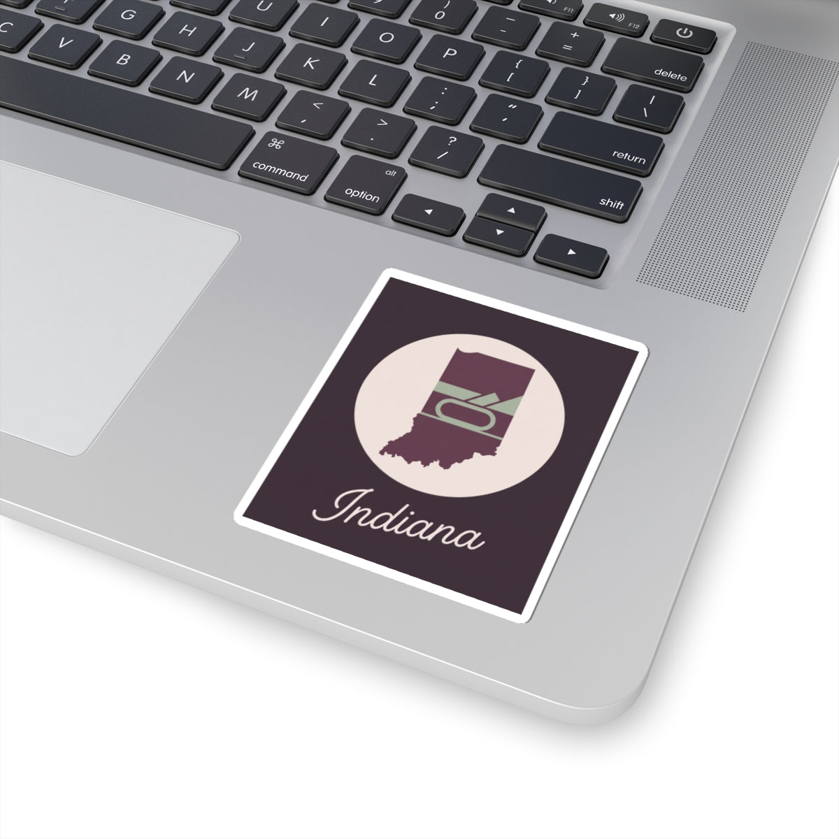 Square Indiana vinyl decal with white border: state silhouette in white circle and “Indiana” script