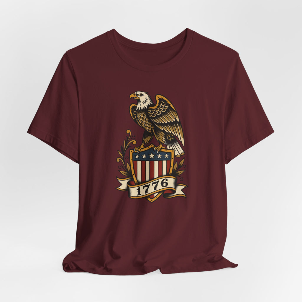 Dark red crewneck T-shirt with eagle and shield patriotic graphic