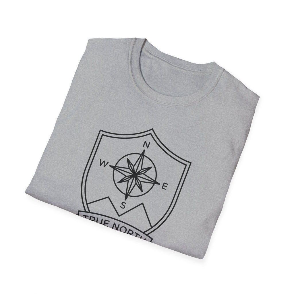 Heather gray compass shield T-shirt with compass rose graphic and direction letters on chest