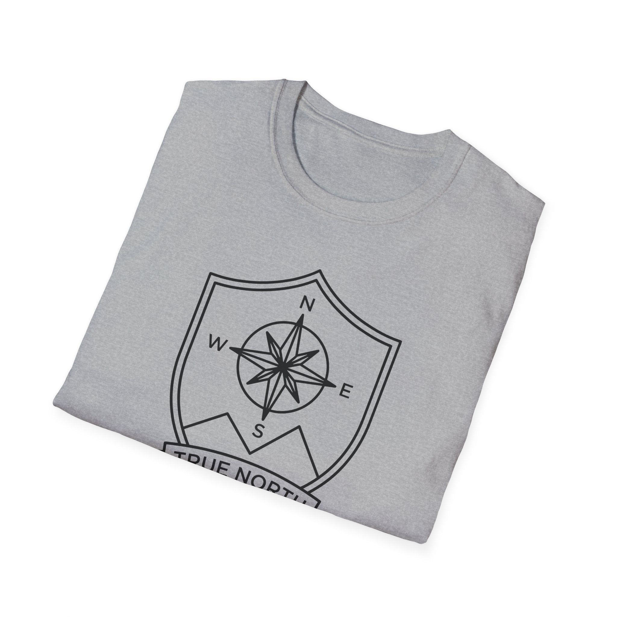Heather gray compass shield T-shirt with compass rose graphic and direction letters on chest