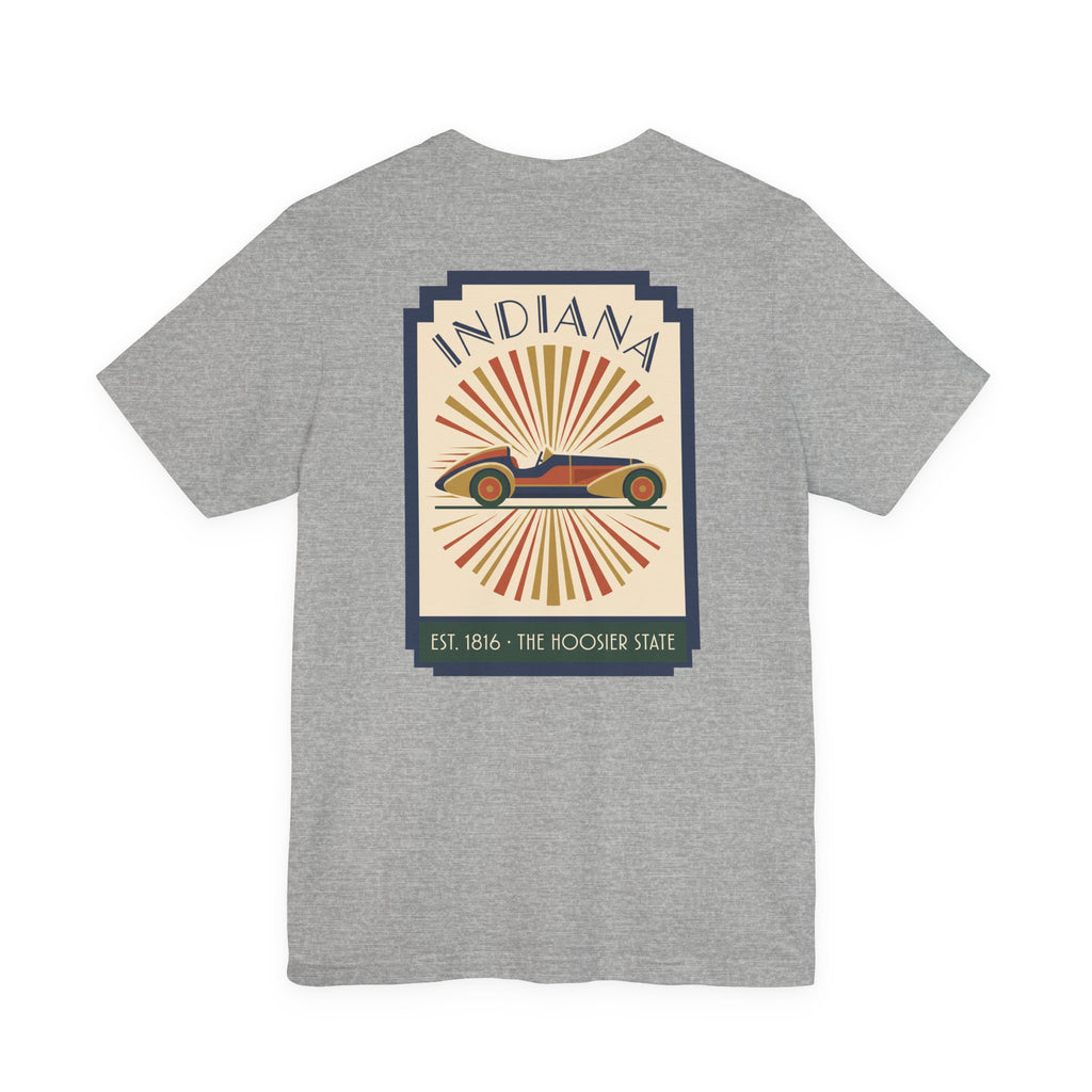 Heather gray T-shirt with centered vintage Indiana racecar graphic in a square frame.
