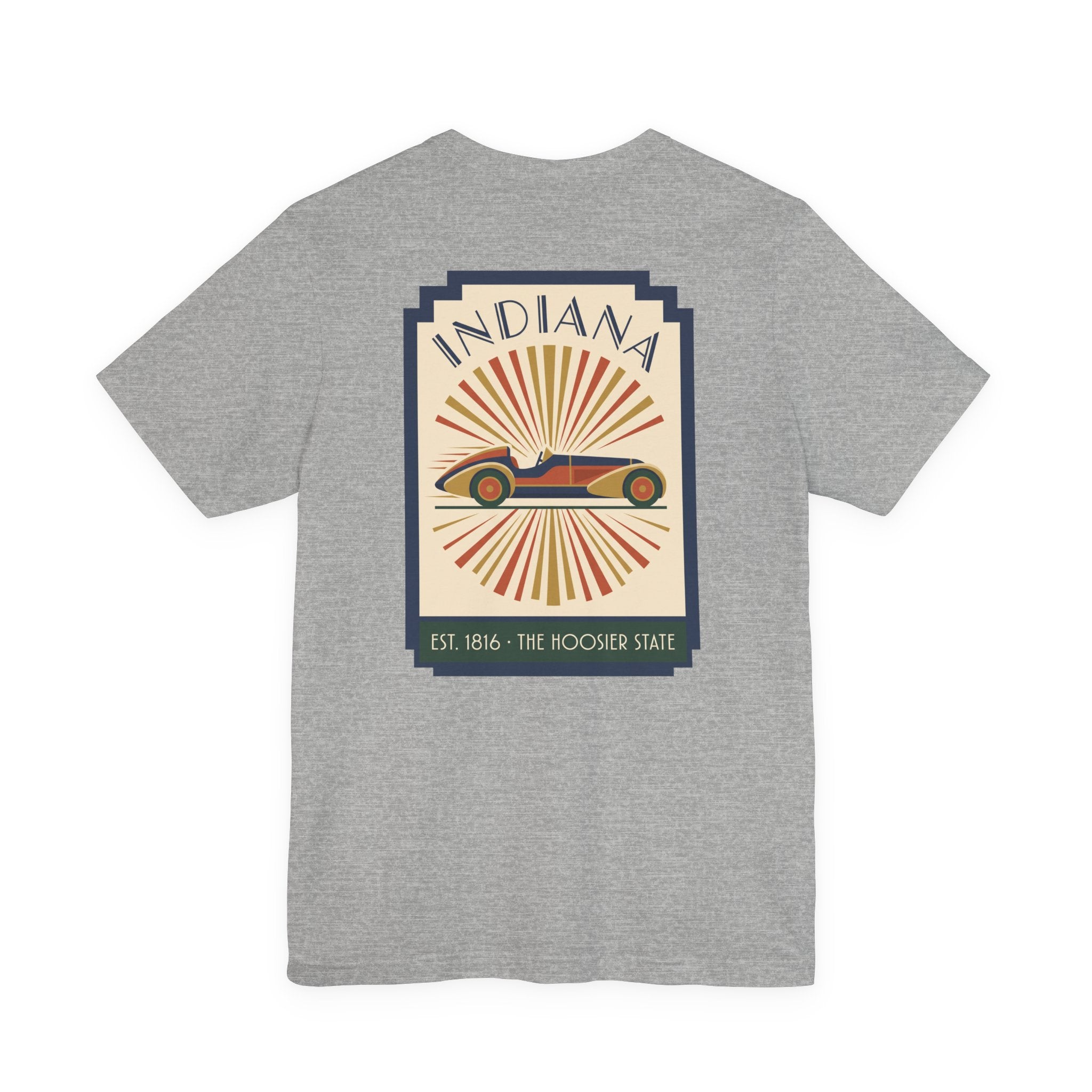 Heather gray T-shirt with centered vintage Indiana racecar graphic in a square frame.