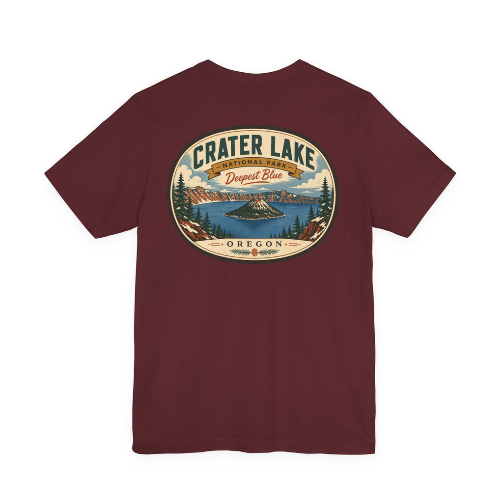 Burgundy Crater Lake National Park T-shirt with large center round landscape graphic