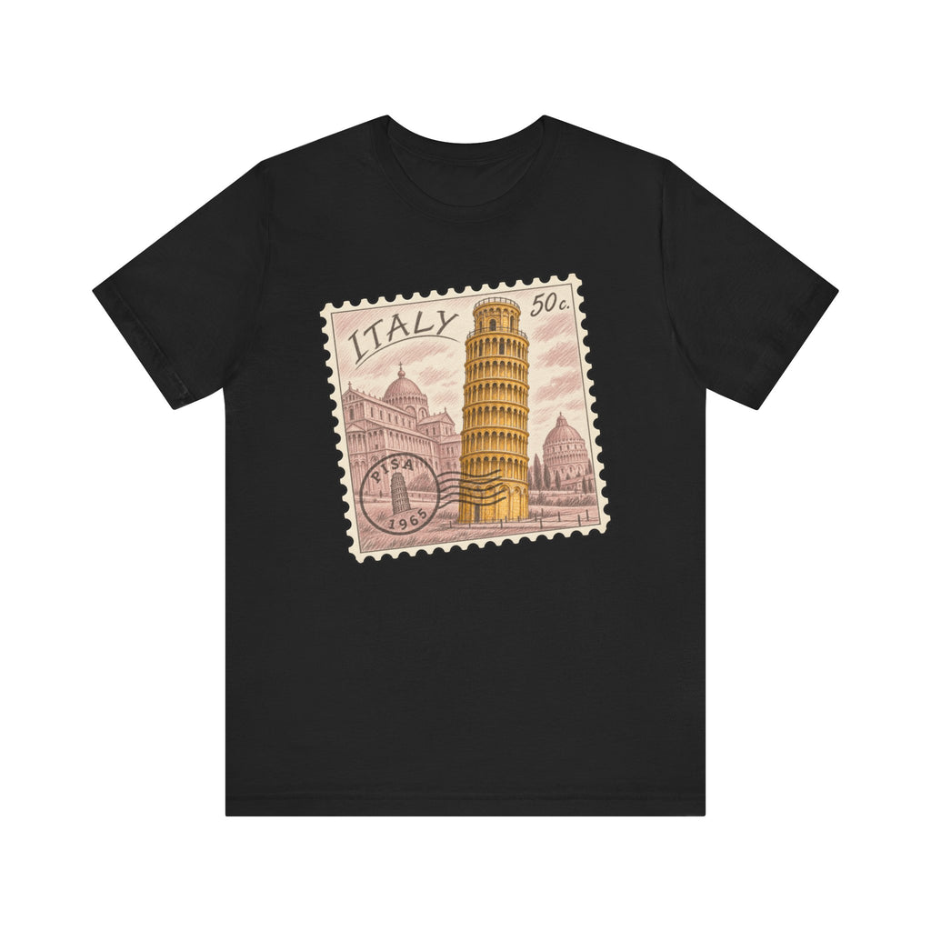 Black T-shirt with vintage Italy stamp graphic featuring the Leaning Tower of Pisa