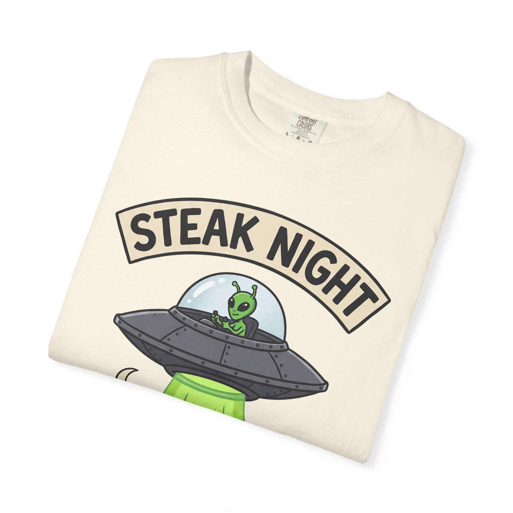 Ivory T-shirt with 'Steak Night' UFO graphic, green alien and cow