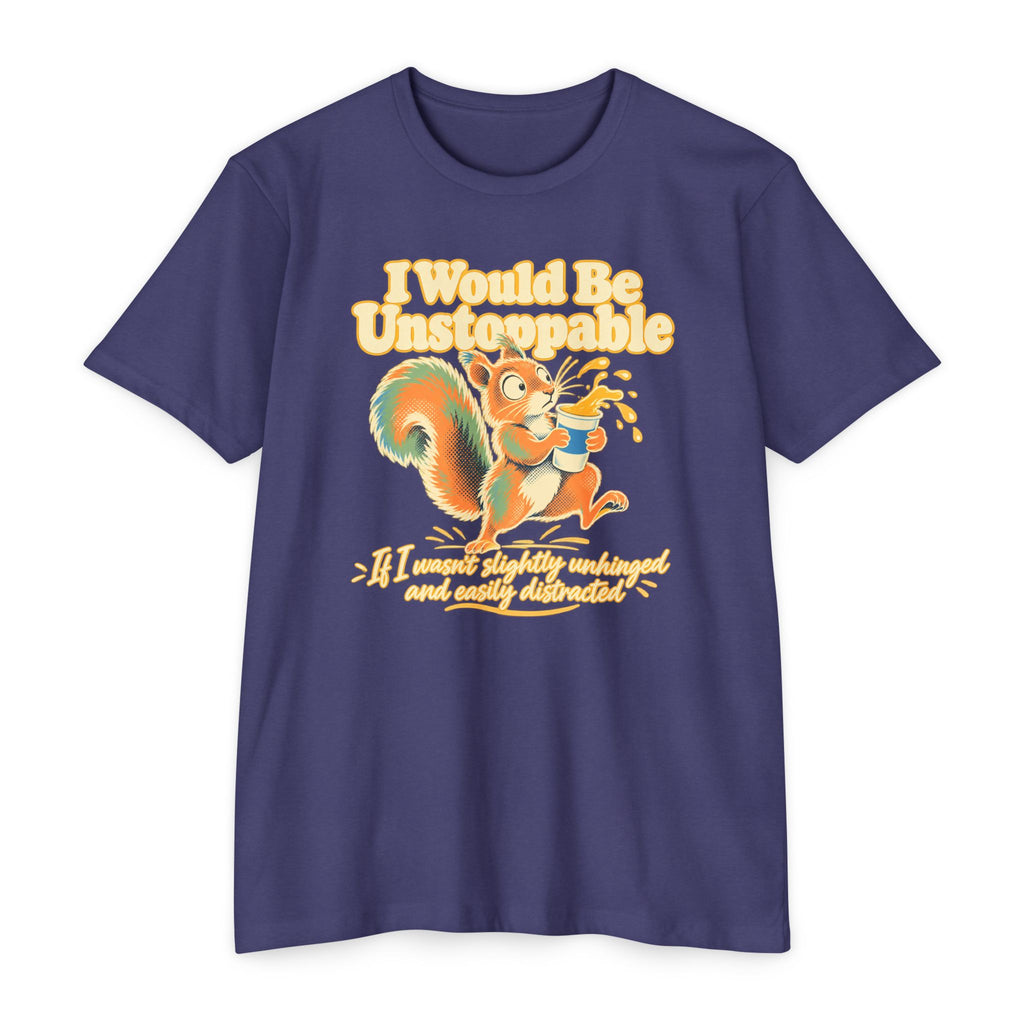 Navy purple T-shirt with colorful squirrel graphic and 'I Would Be Unstoppable' text