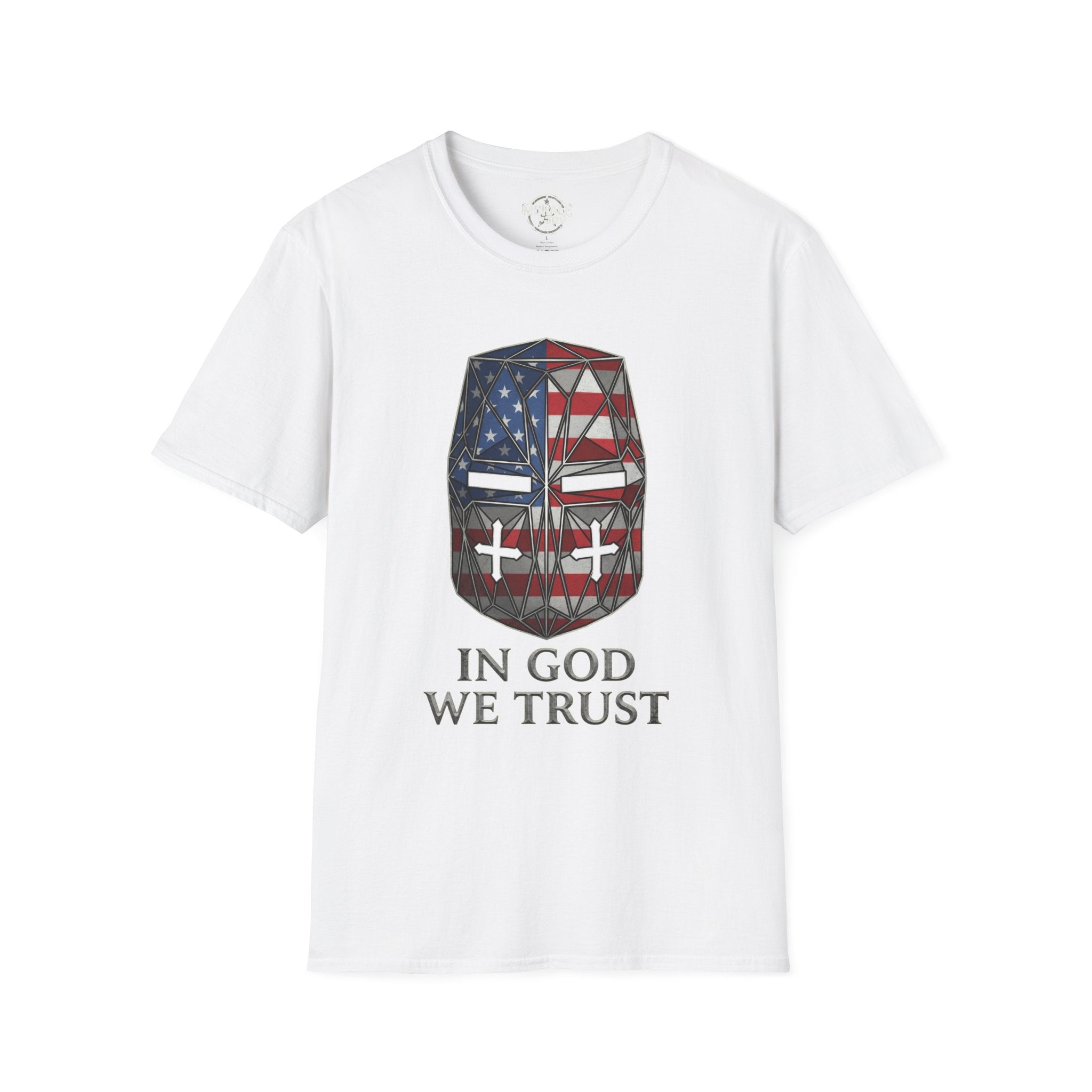 White T-shirt with crusader helmet flag graphic and text “IN GOD WE TRUST”