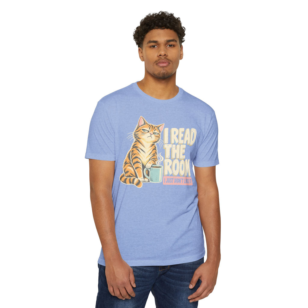 Light blue cat graphic t-shirt with 'I READ THE ROOM' text on chest