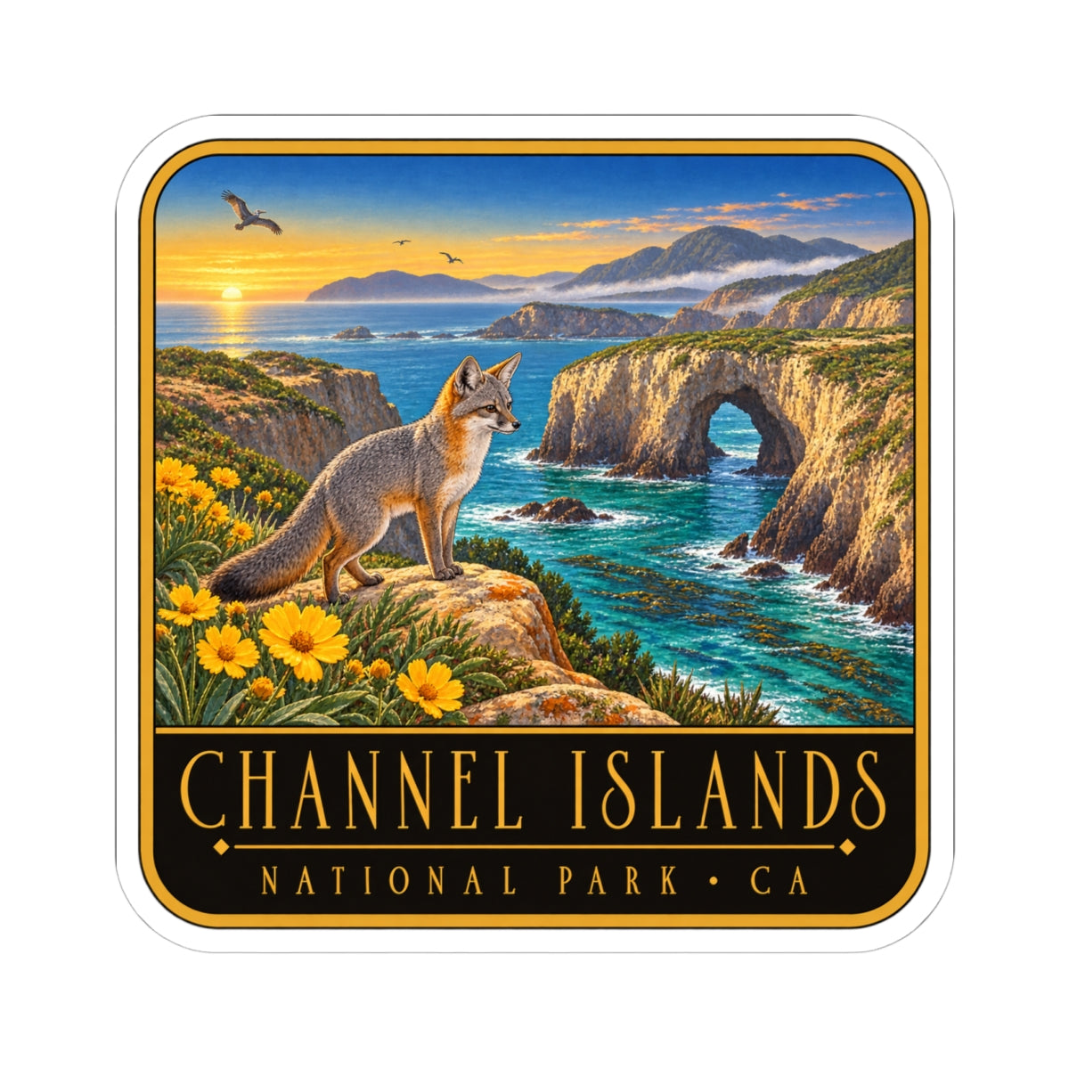 Kiss-cut vinyl decal featuring fox, ocean cliffs, and Channel Islands National Park lettering