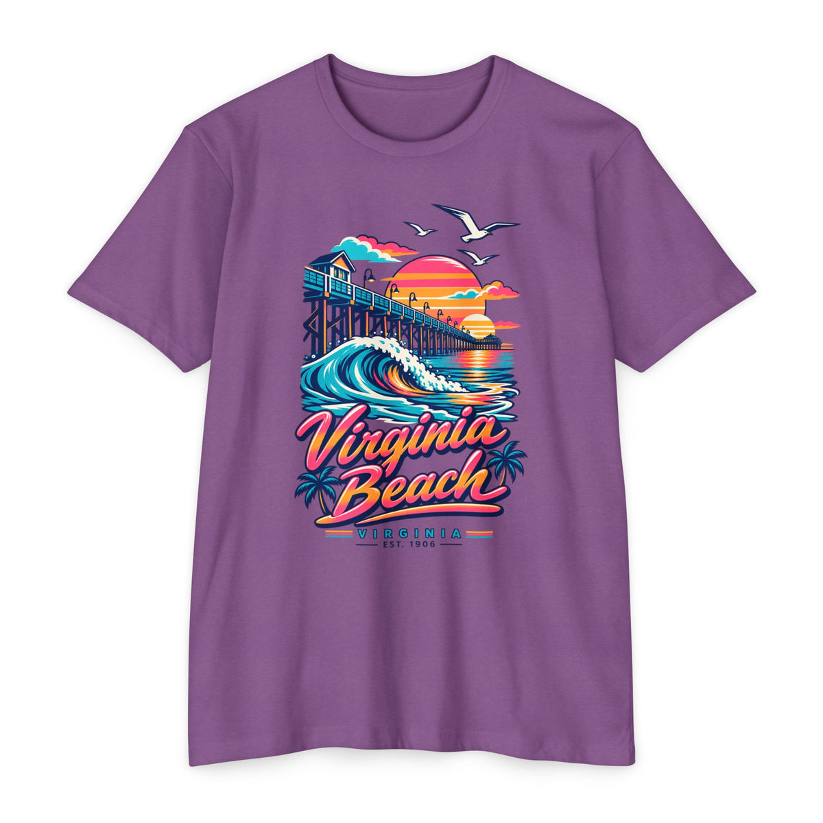 Purple t-shirt with colorful Virginia Beach pier wave graphic and seagulls