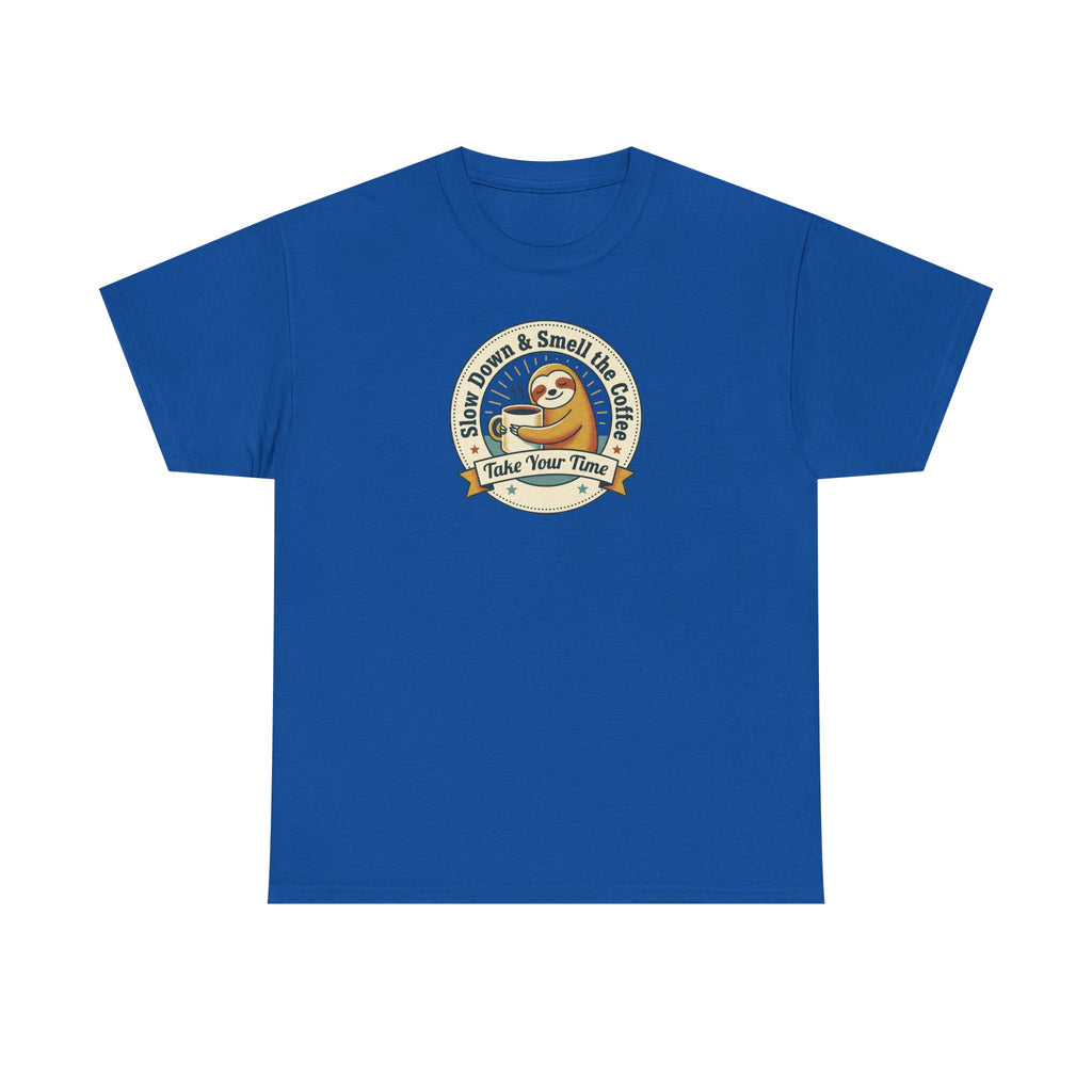 Royal blue sloth graphic T-shirt with circular Take Your Time badge print