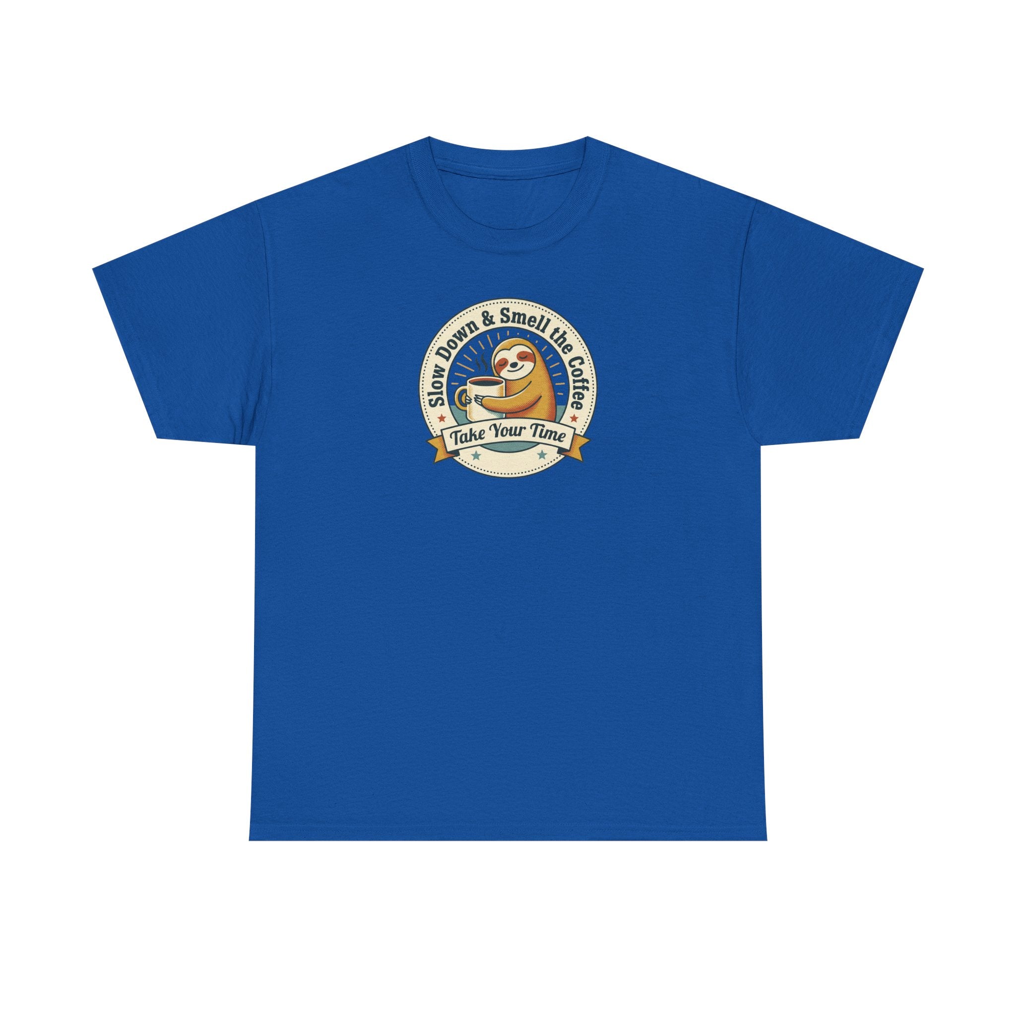 Royal blue sloth graphic T-shirt with circular Take Your Time badge print
