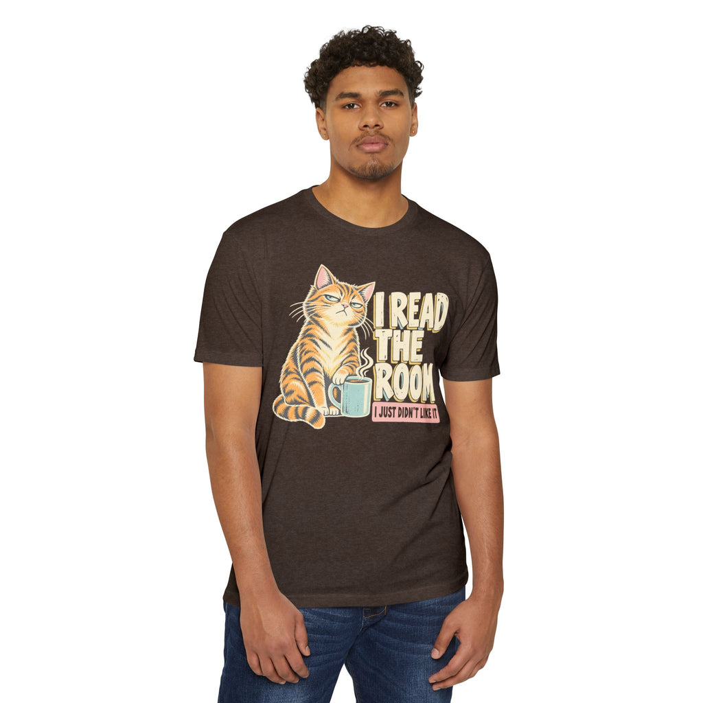 Dark brown crewneck T-shirt with cat 'I Read the Room' graphic and coffee cup