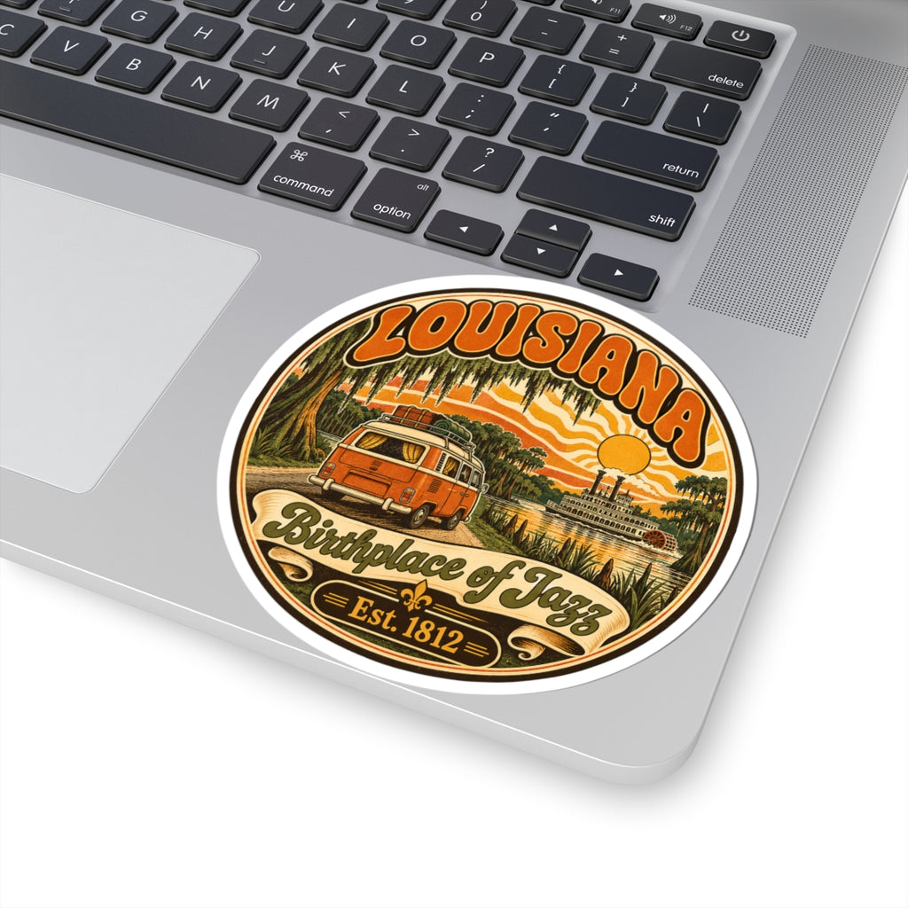 Round Louisiana Birthplace of Jazz sticker, orange van and bayou palms, Est. 1812, angled