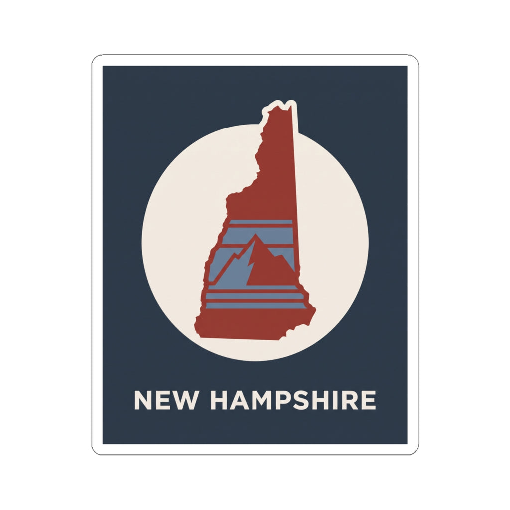 New Hampshire state silhouette kiss-cut sticker with red state map, blue lines, white circle, navy