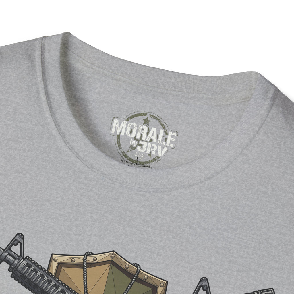 Light gray T-shirt neckline with “MORALE by TR” logo patch