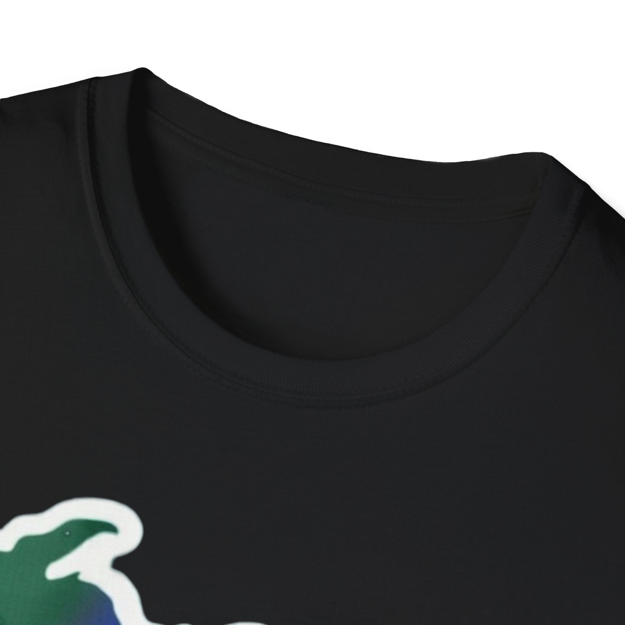 Black T-shirt crew neckline close-up, no graphic visible