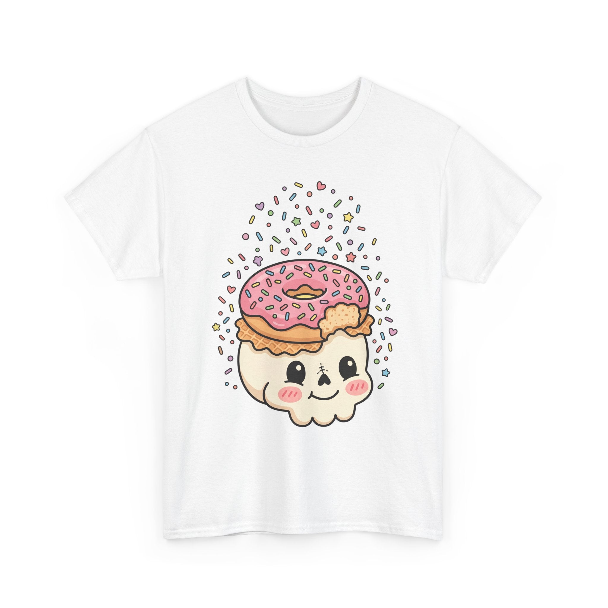 White T-shirt with donut skull face graphic and multicolor sprinkles