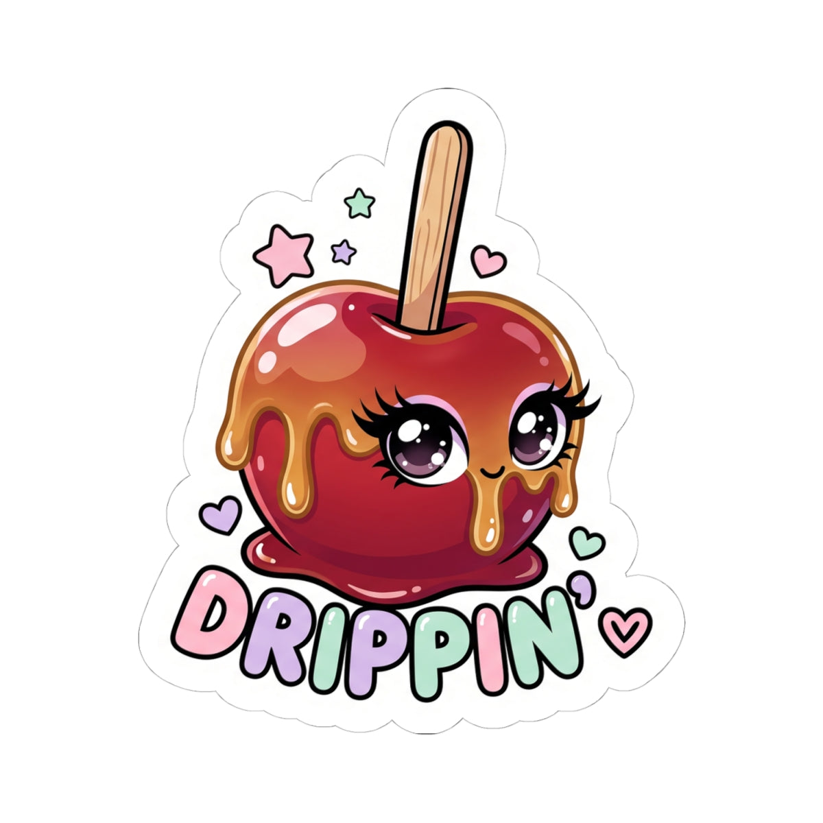 Kiss-cut sticker featuring a red dripping candy apple character with heart and star accents