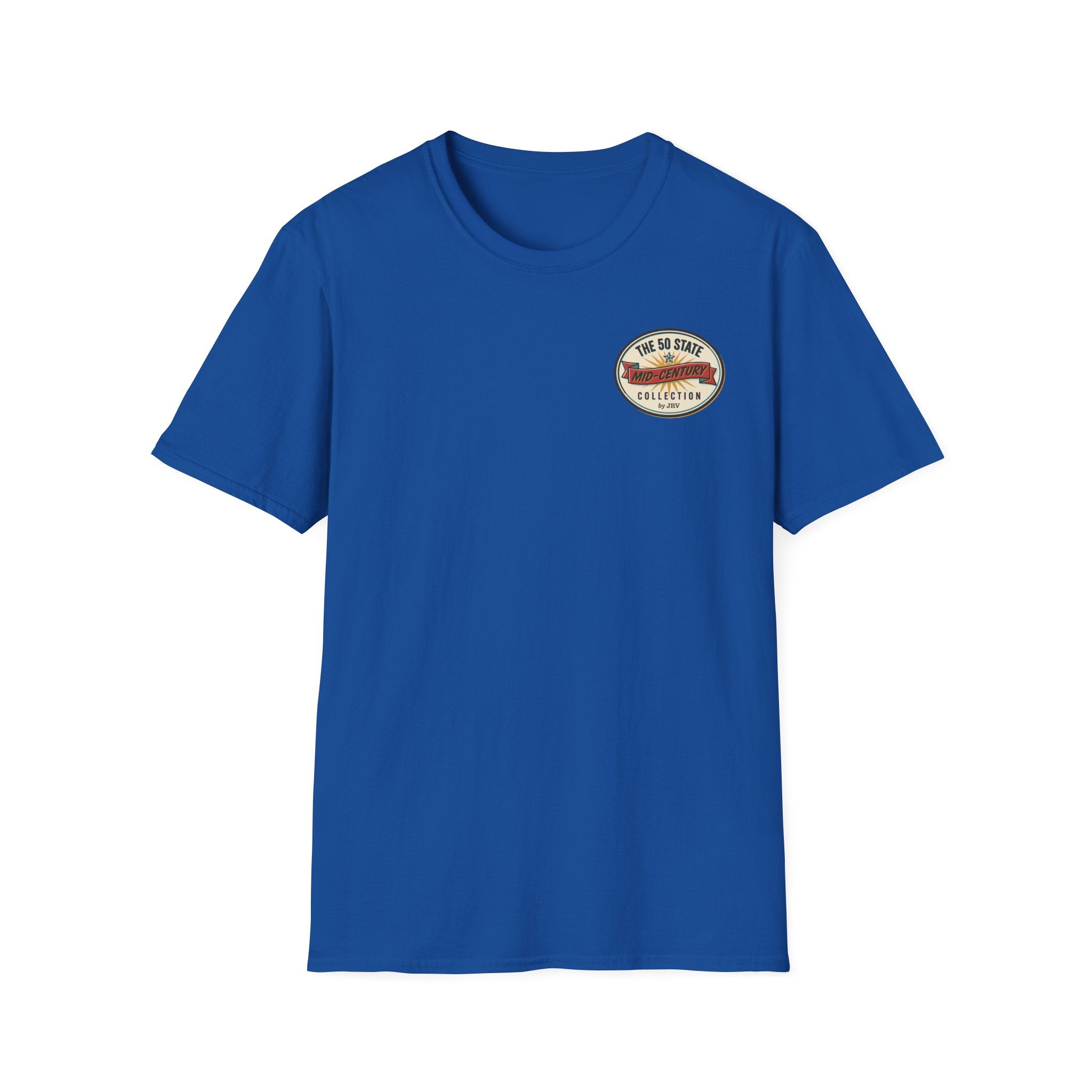 Royal blue crew-neck T-shirt with small round state badge logo