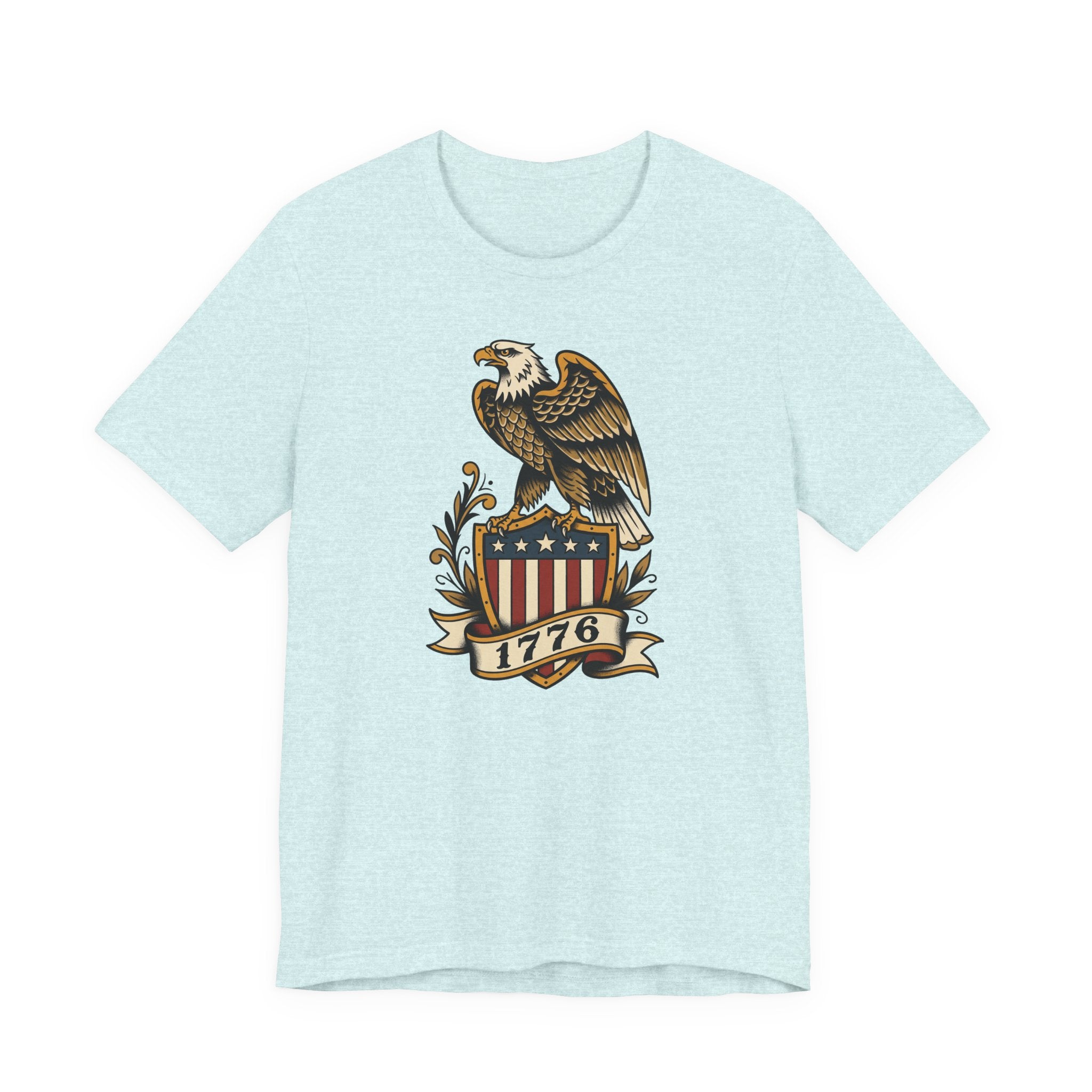 Light blue t-shirt with eagle shield graphic and banner reading 1776