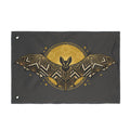 Rectangular bat banner flag with corner grommets; dark fabric and gold art deco moon design