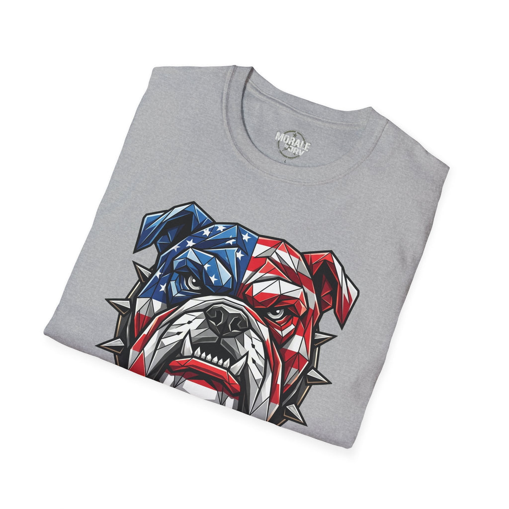 T-shirt grigio sport con bulldog in grafica bandiera USA blu e rossa