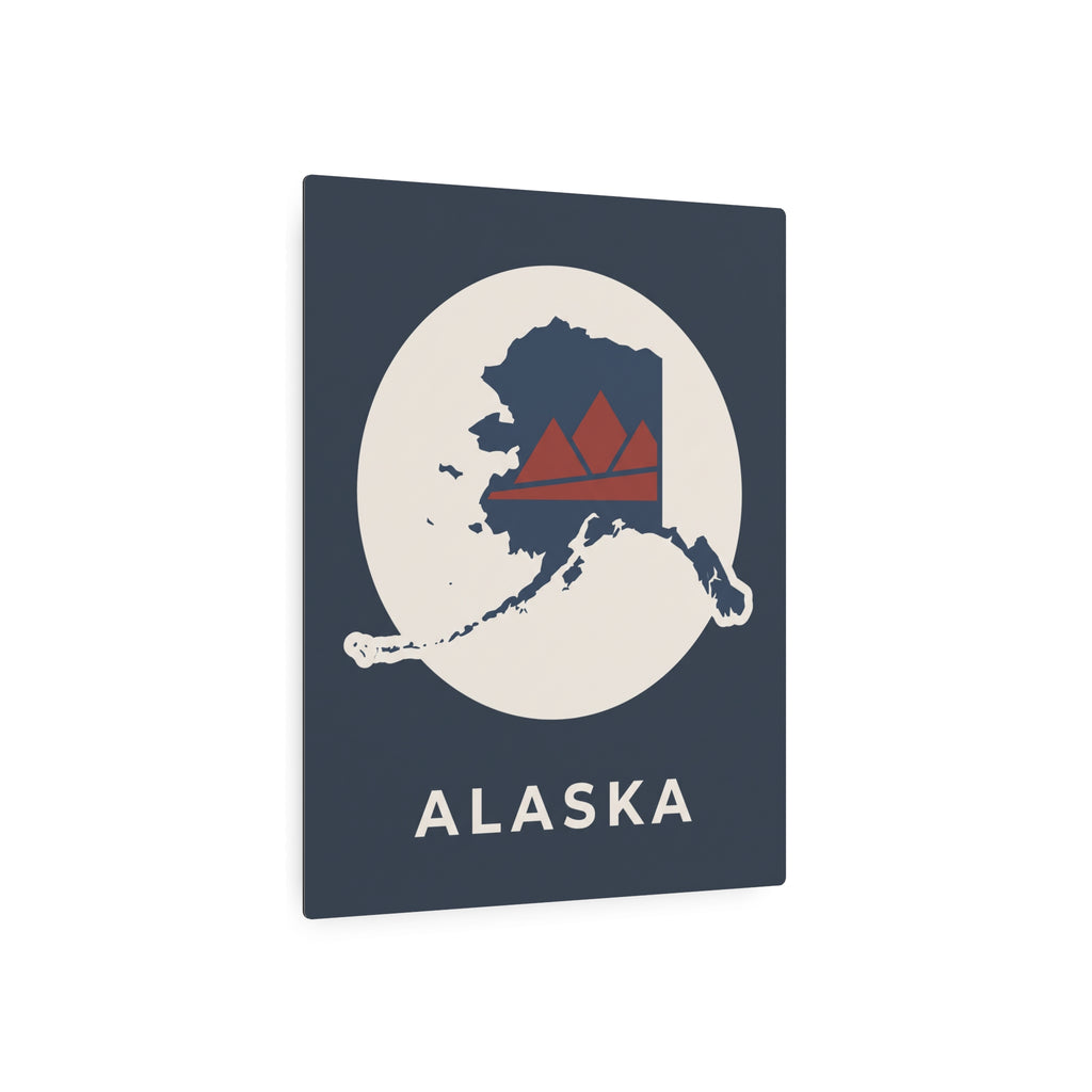 Alaska metal wall sign, dark blue square with circular Alaska outline, red mountains, ALASKA