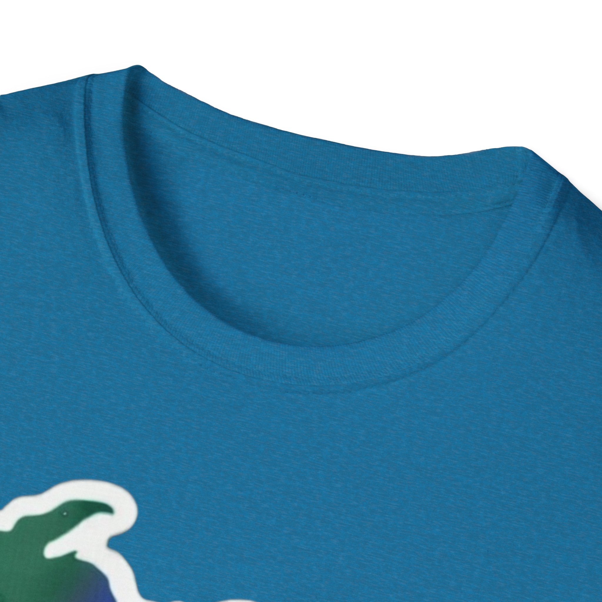 Teal T-shirt neckline close-up with partial Michigan outline and heart print