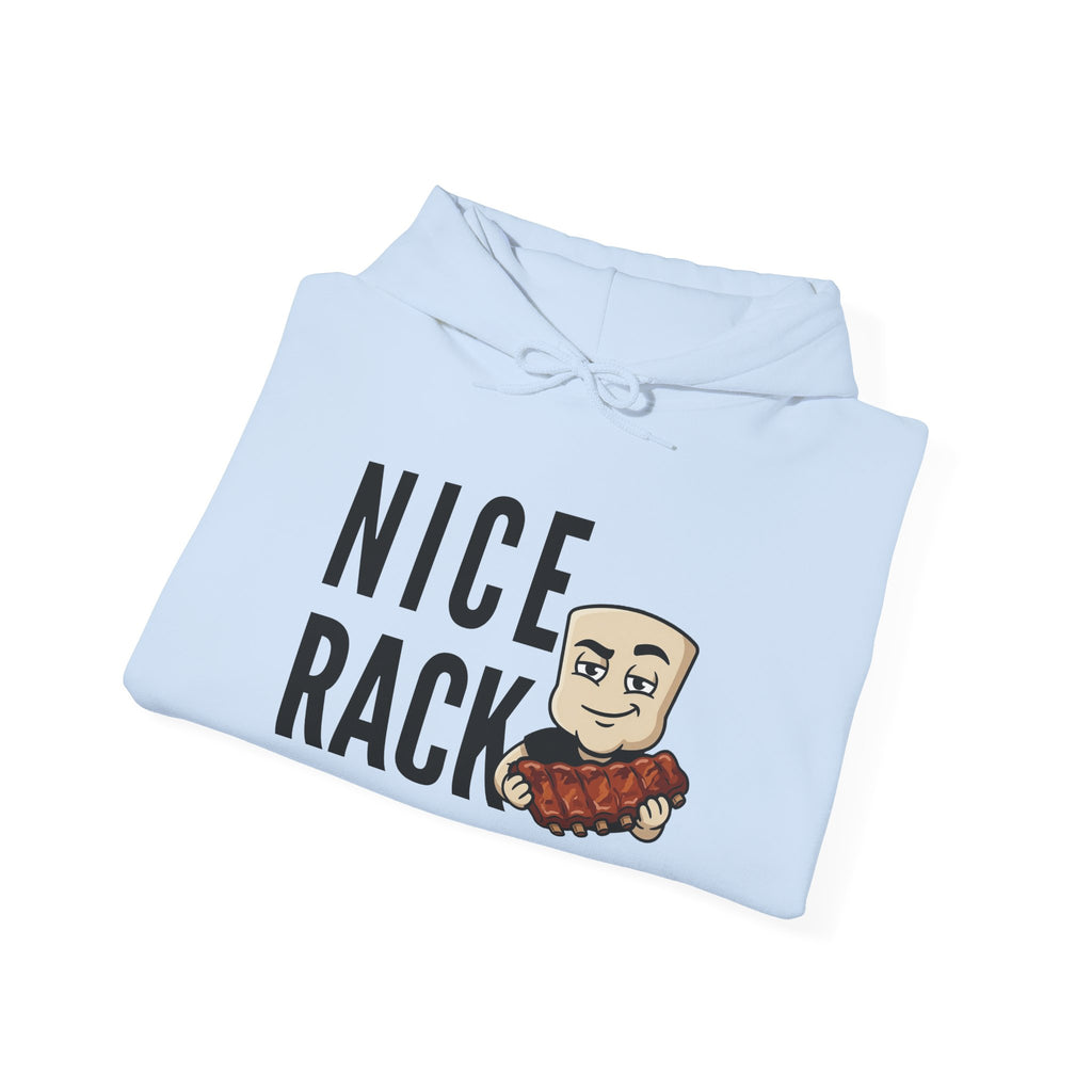 Light blue hoodie with "NICE RACK" rib graphic and cartoon face on front.