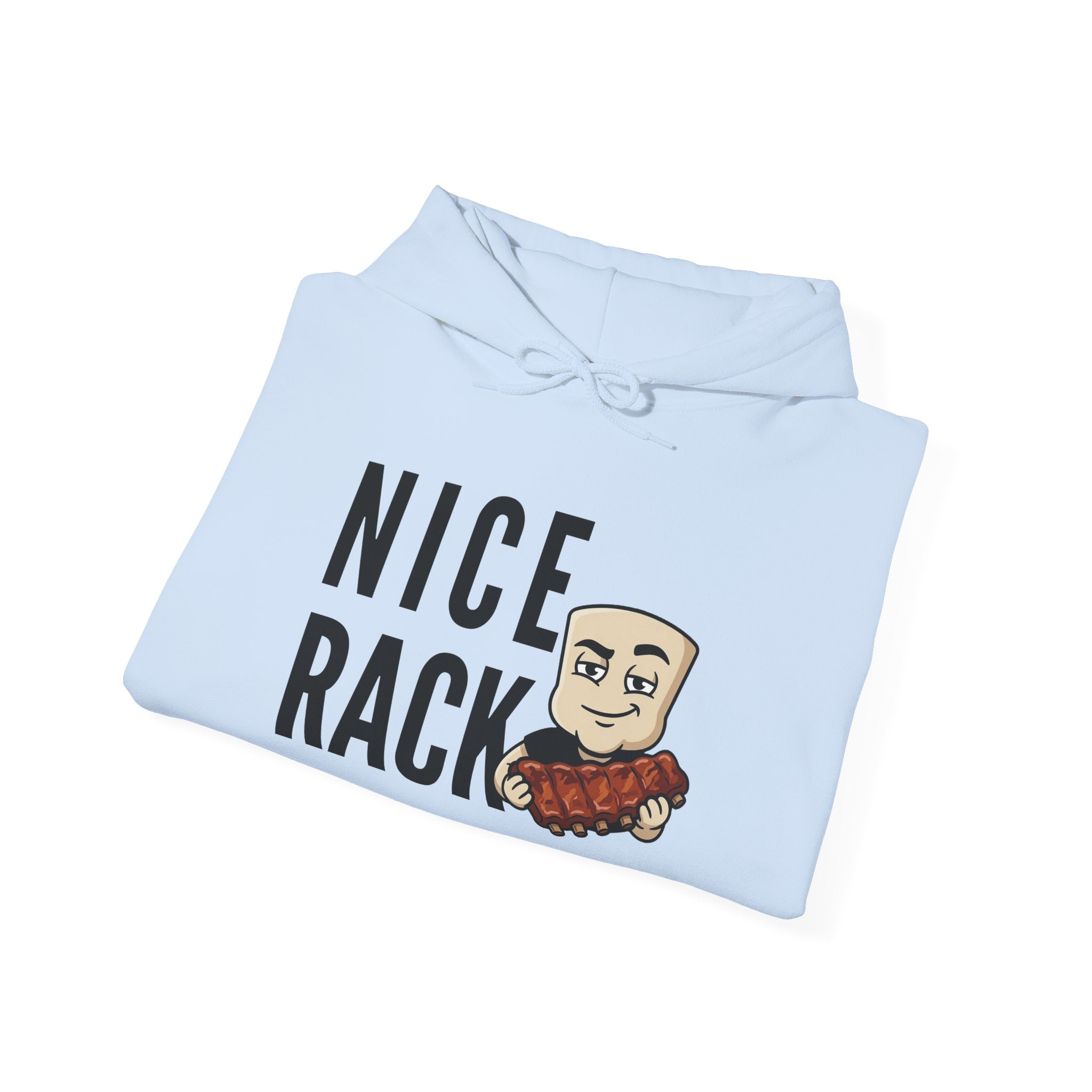 Light blue hoodie with "NICE RACK" rib graphic and cartoon face on front.