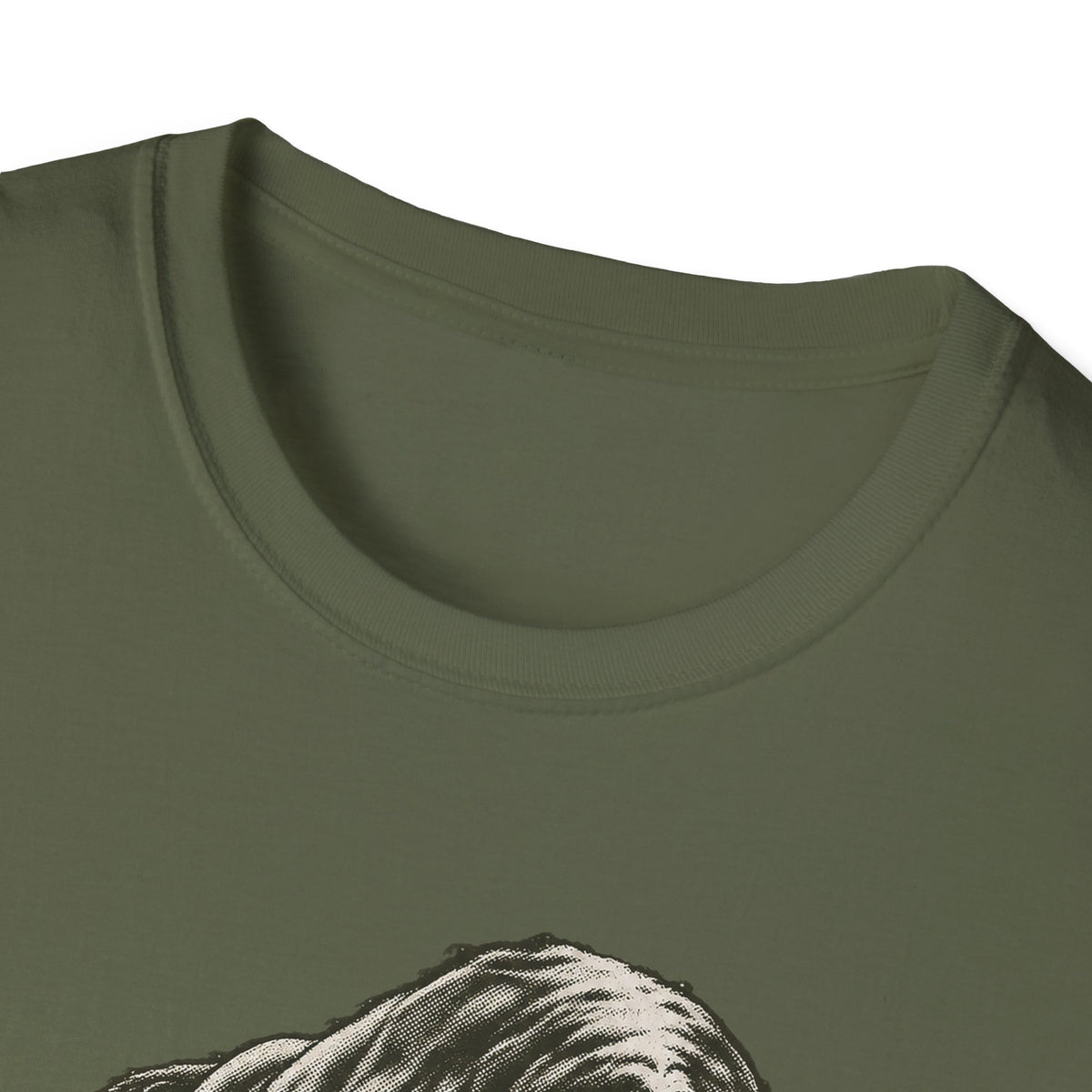 Olive T-shirt neckline with partial monochrome bull graphic at the chest