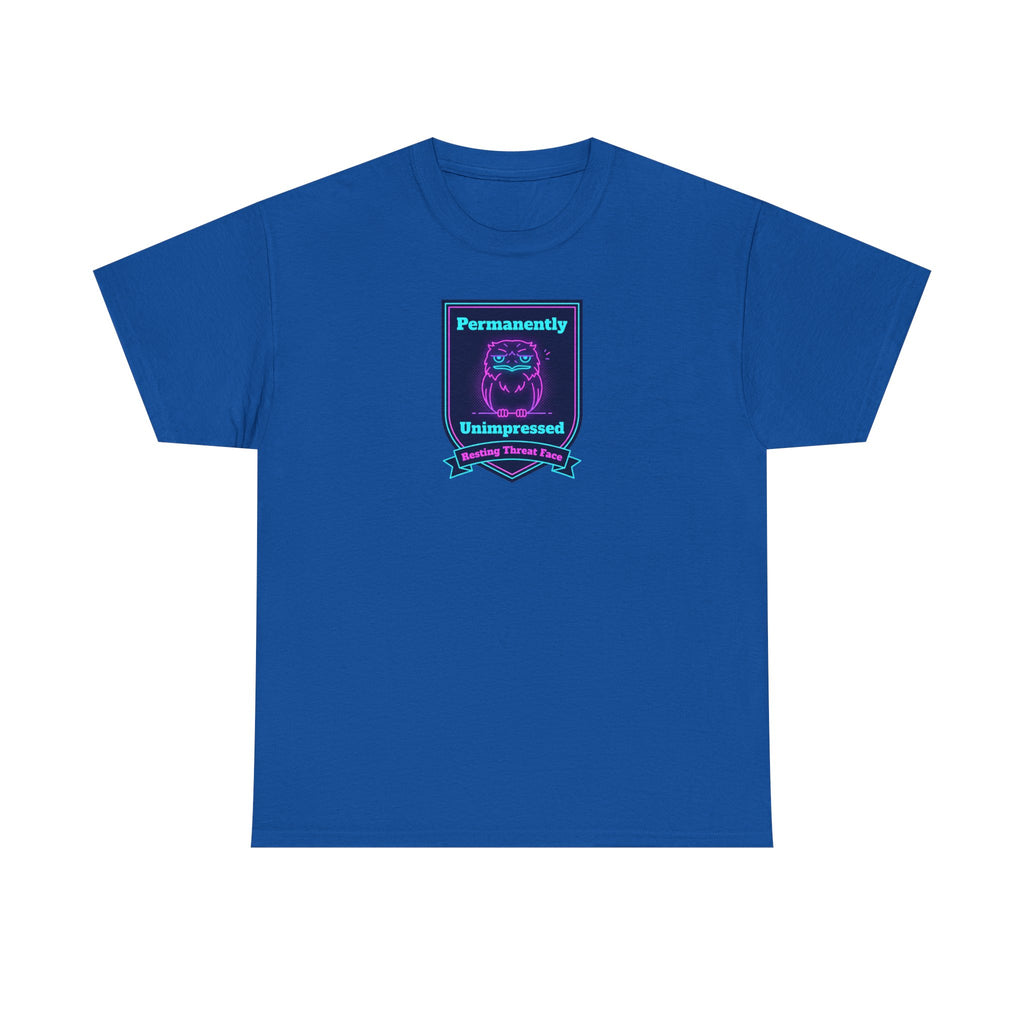Royal blue crewneck T-shirt with small rectangular neon robot badge graphic on chest