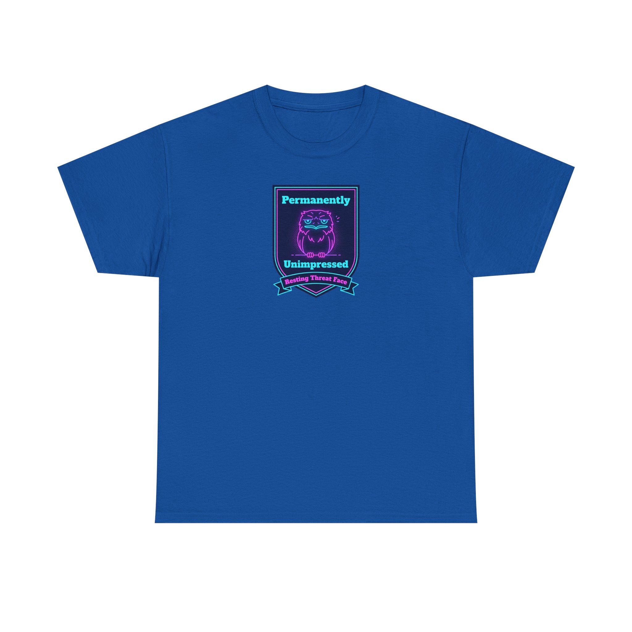 Royal blue crewneck T-shirt with small rectangular neon robot badge graphic on chest