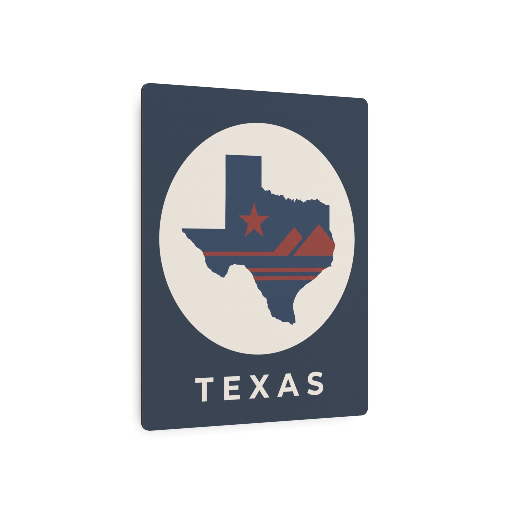 Texas wall metal art sign angled view with circular Lone Star map and TEXAS lettering