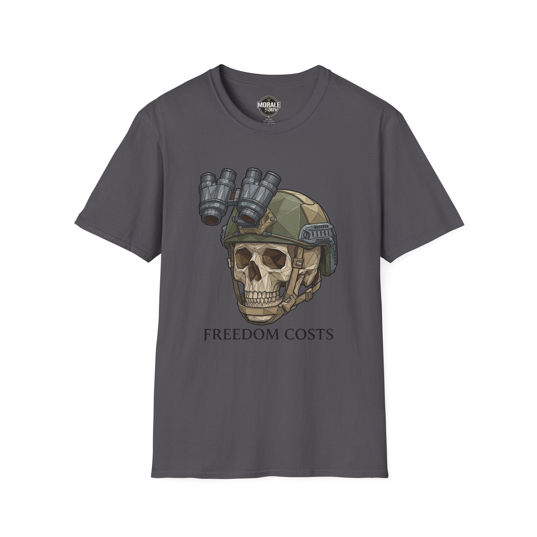 Dark Heather tactical skull NVG graphic T-shirt with “FREEDOM COSTS” text