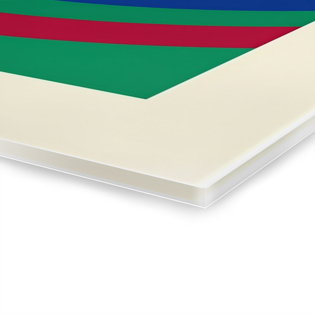 Close-up of wall art corner edge; 0.25 in thick white frame, green and red bands