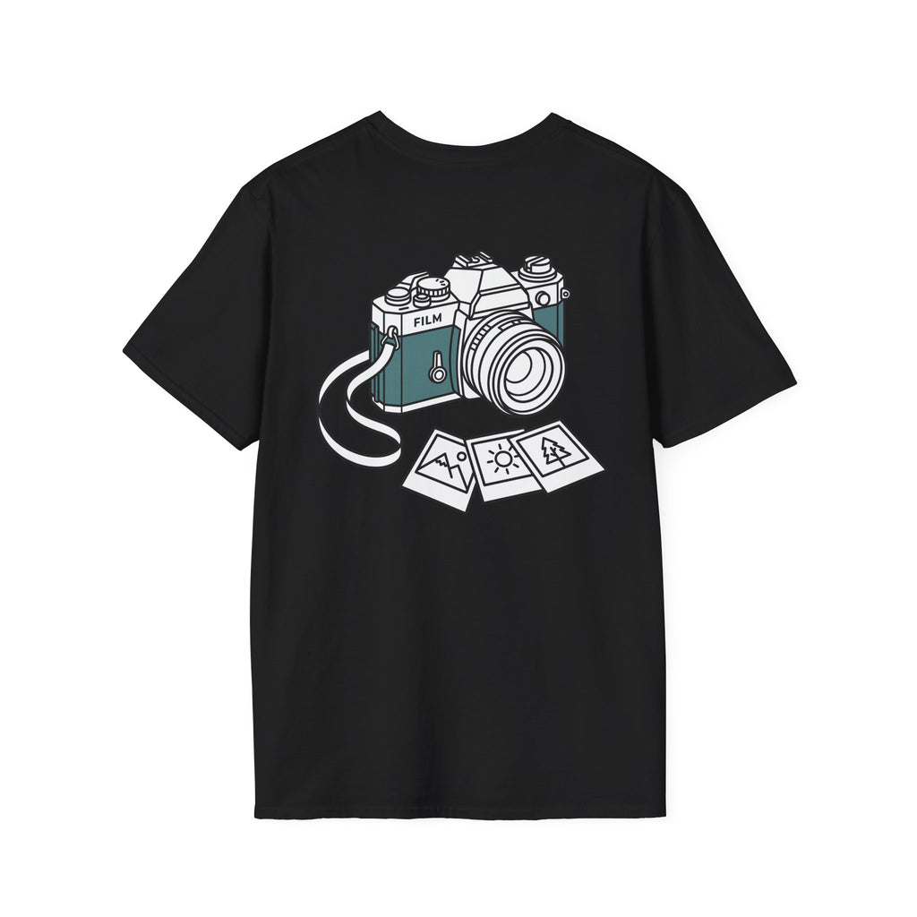 Black T-shirt with front graphic of a vintage film camera and photo icon collage