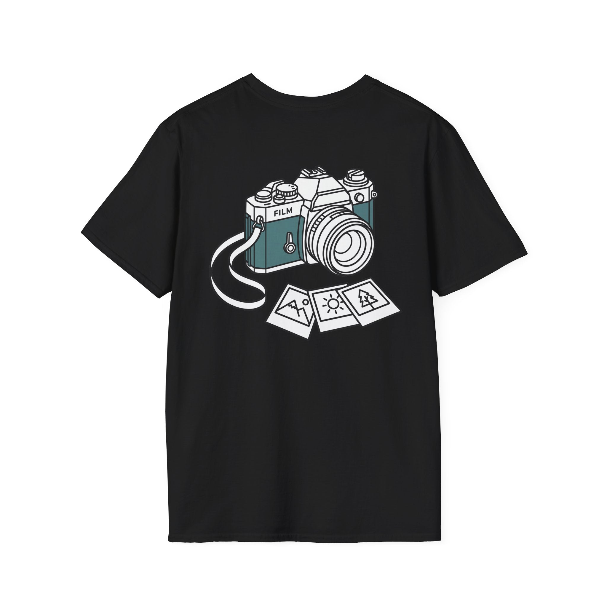 Black T-shirt with front graphic of a vintage film camera and photo icon collage
