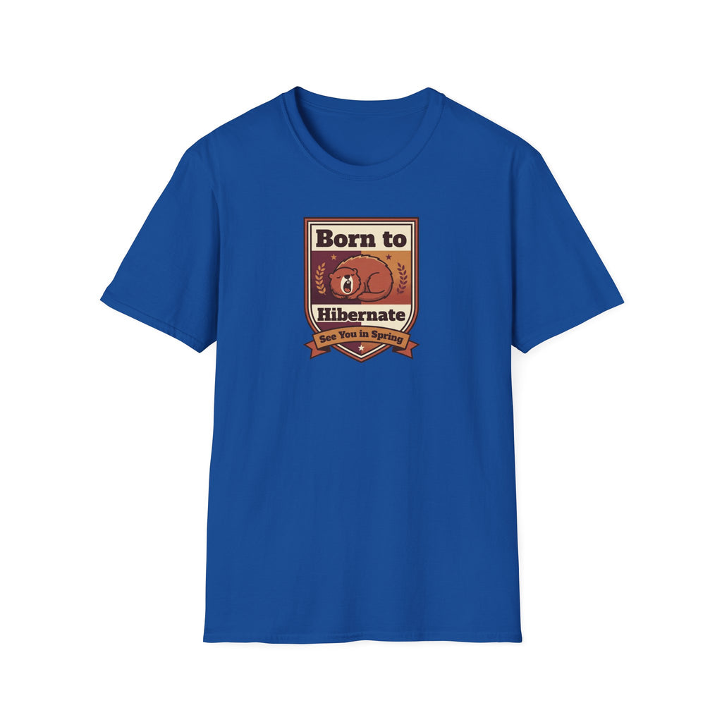 Blue graphic T-shirt with bear hibernation logo on front