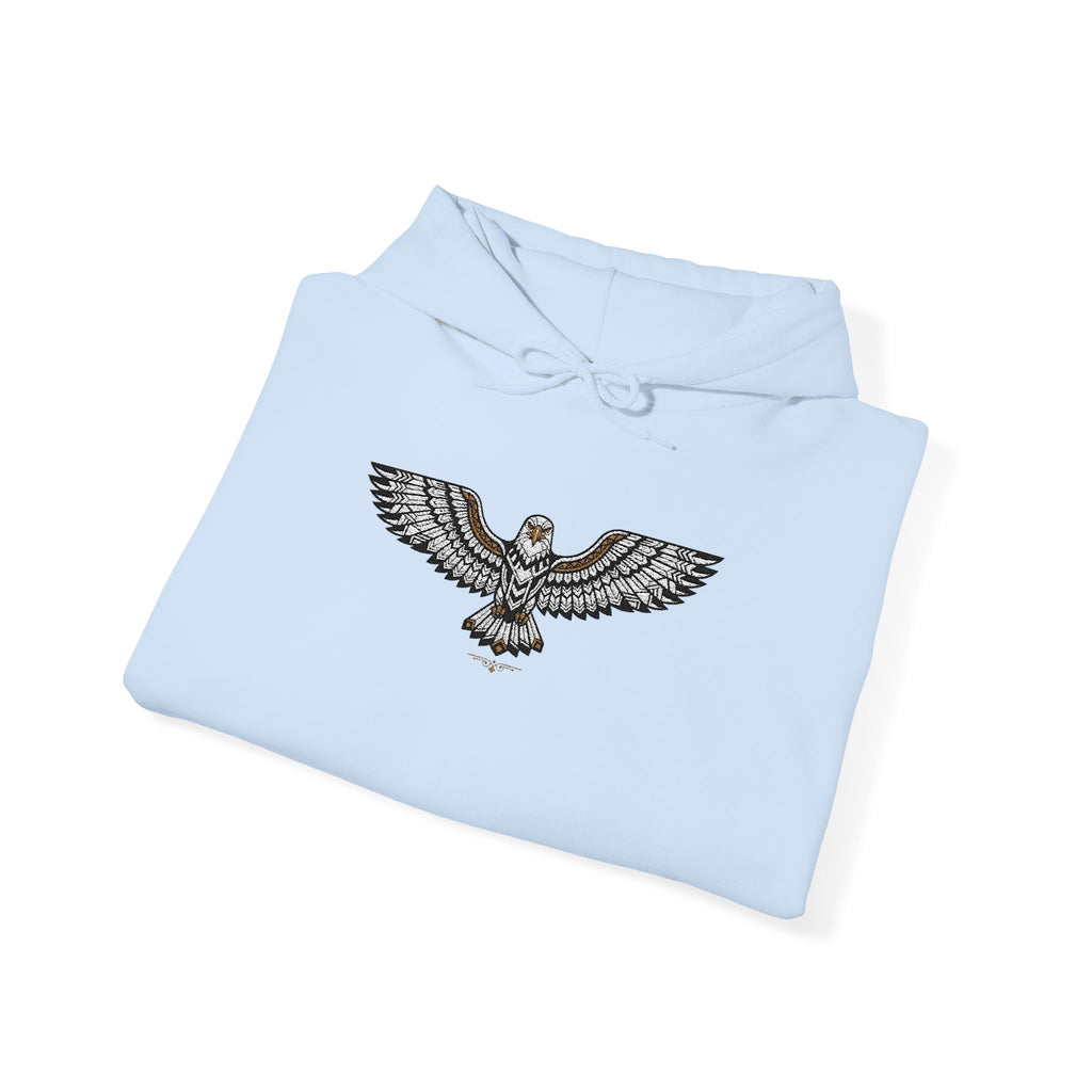 Light blue hoodie with rhinestone eagle chest graphic and front drawstring hood
