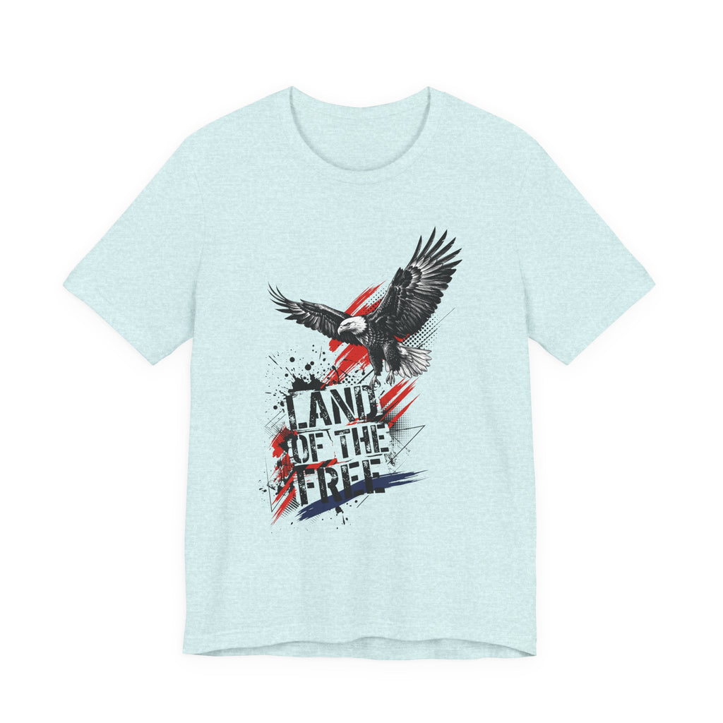 Light blue eagle graphic t-shirt with distressed "Land of the Free" text and flag accents