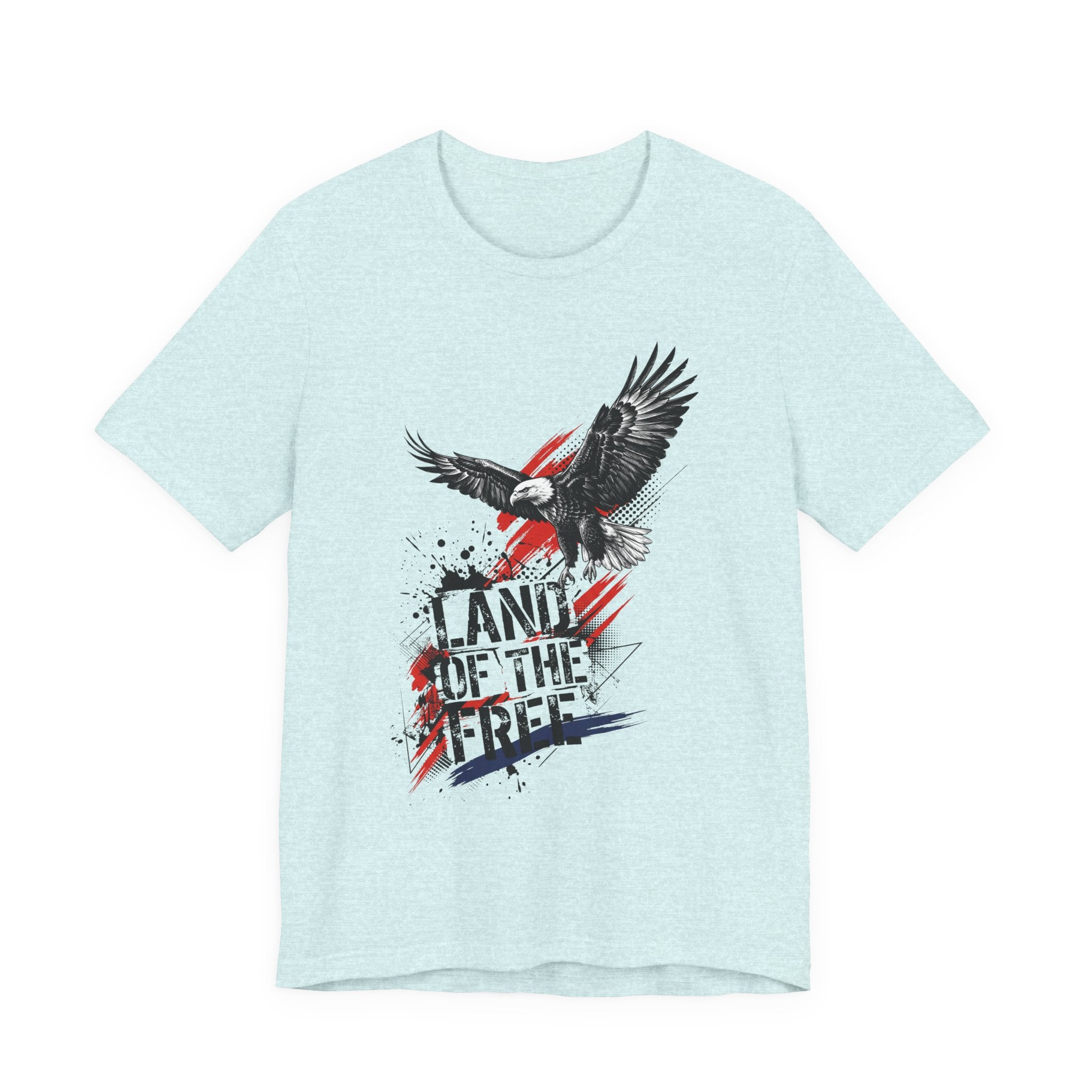 Light blue eagle graphic t-shirt with distressed "Land of the Free" text and flag accents