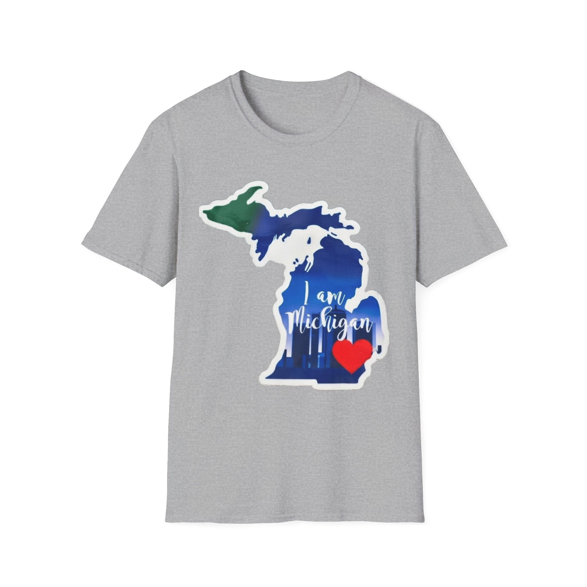 Heather gray Michigan map T-shirt with blue state, red heart, and “I am Michigan”