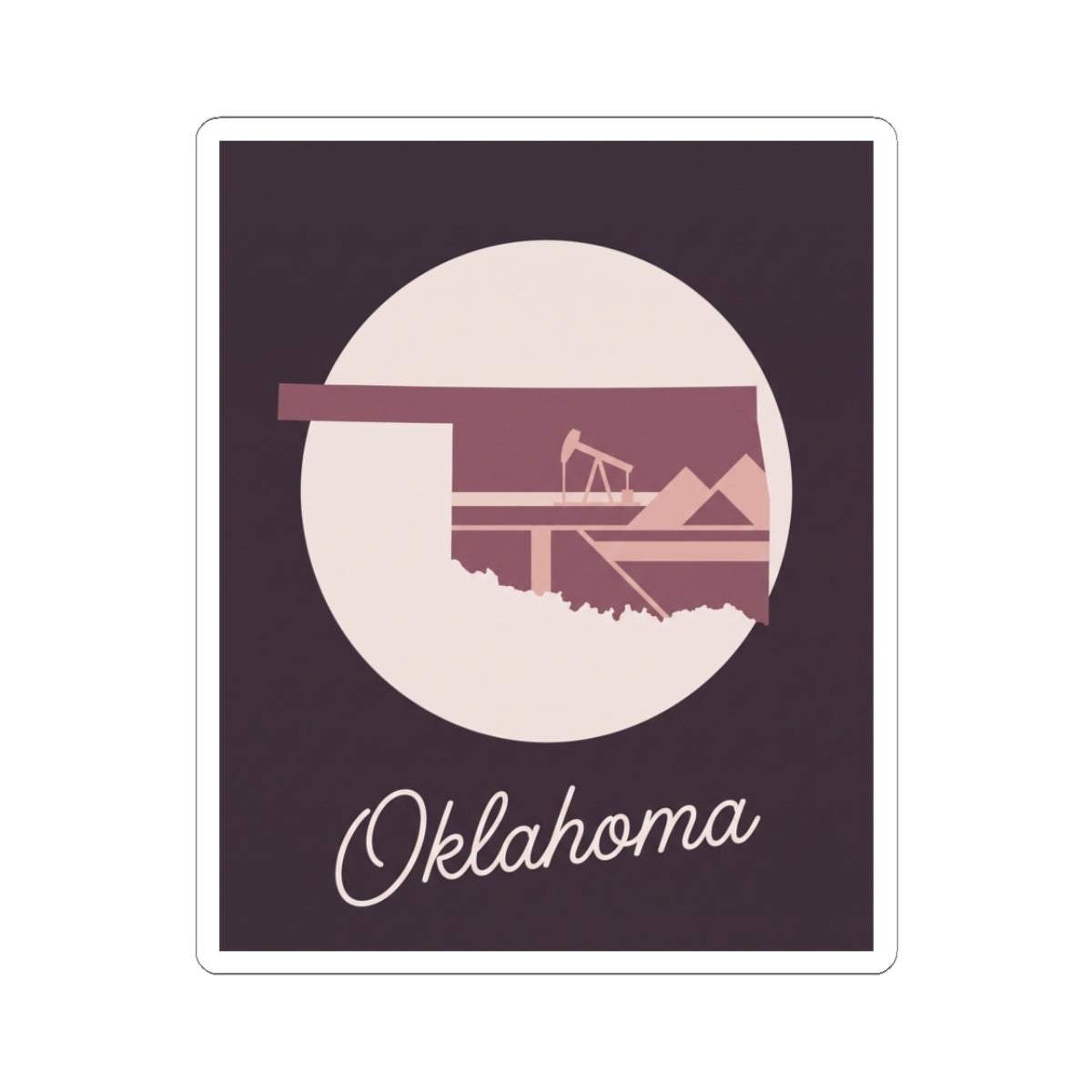 Oklahoma state silhouette sticker decal: maroon square with oil derrick scene and Oklahoma script