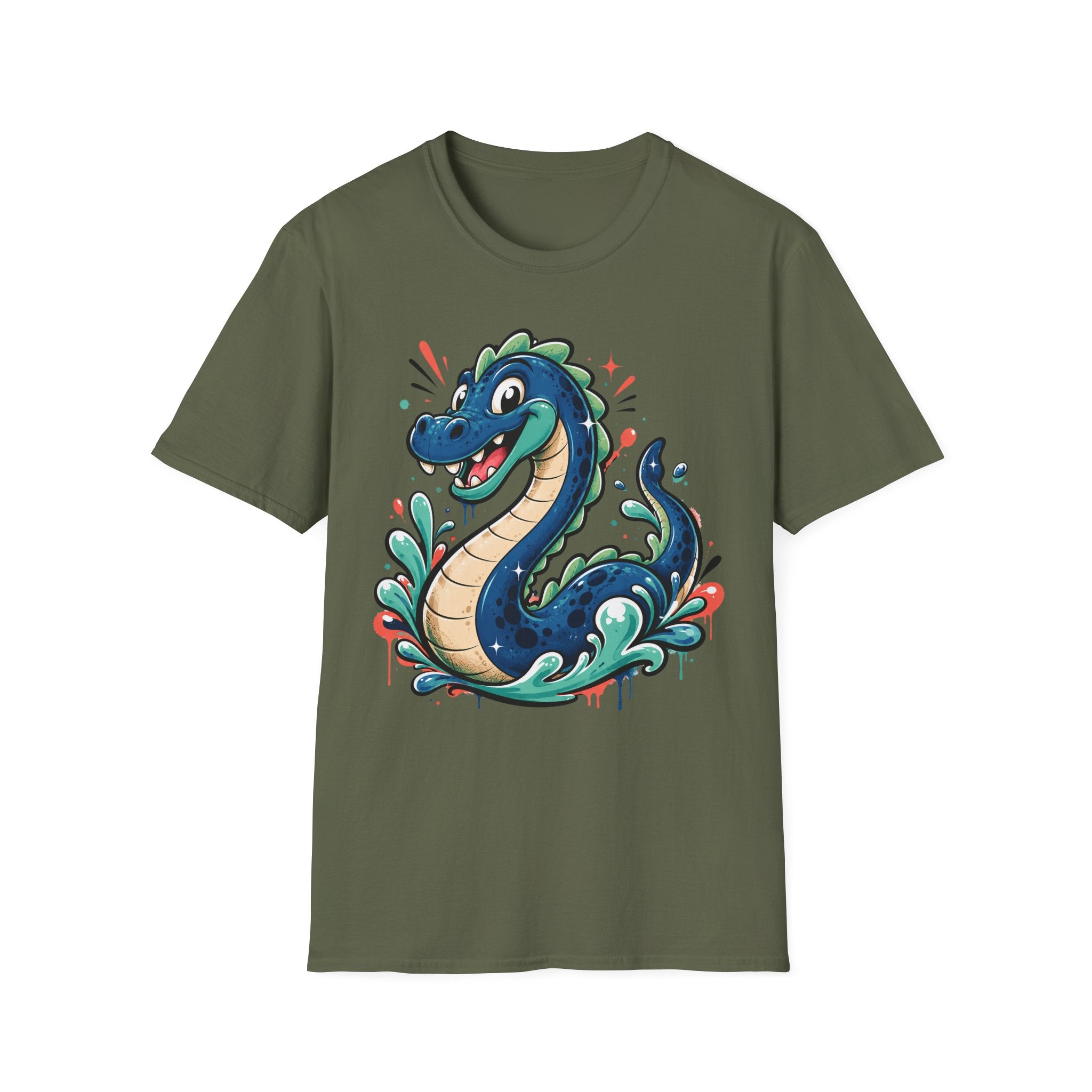 Olive green crewneck T-shirt with colorful cartoon sea serpent graphic